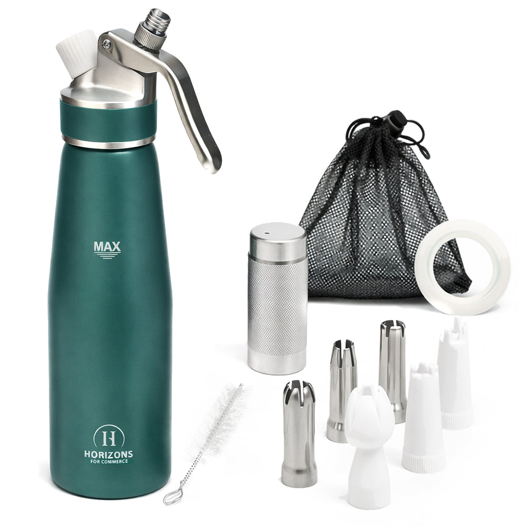 500ml Aluminum Whipped Cream Dispenser Set with 6 Nozzles, Cleaning Brush and Storage Bag