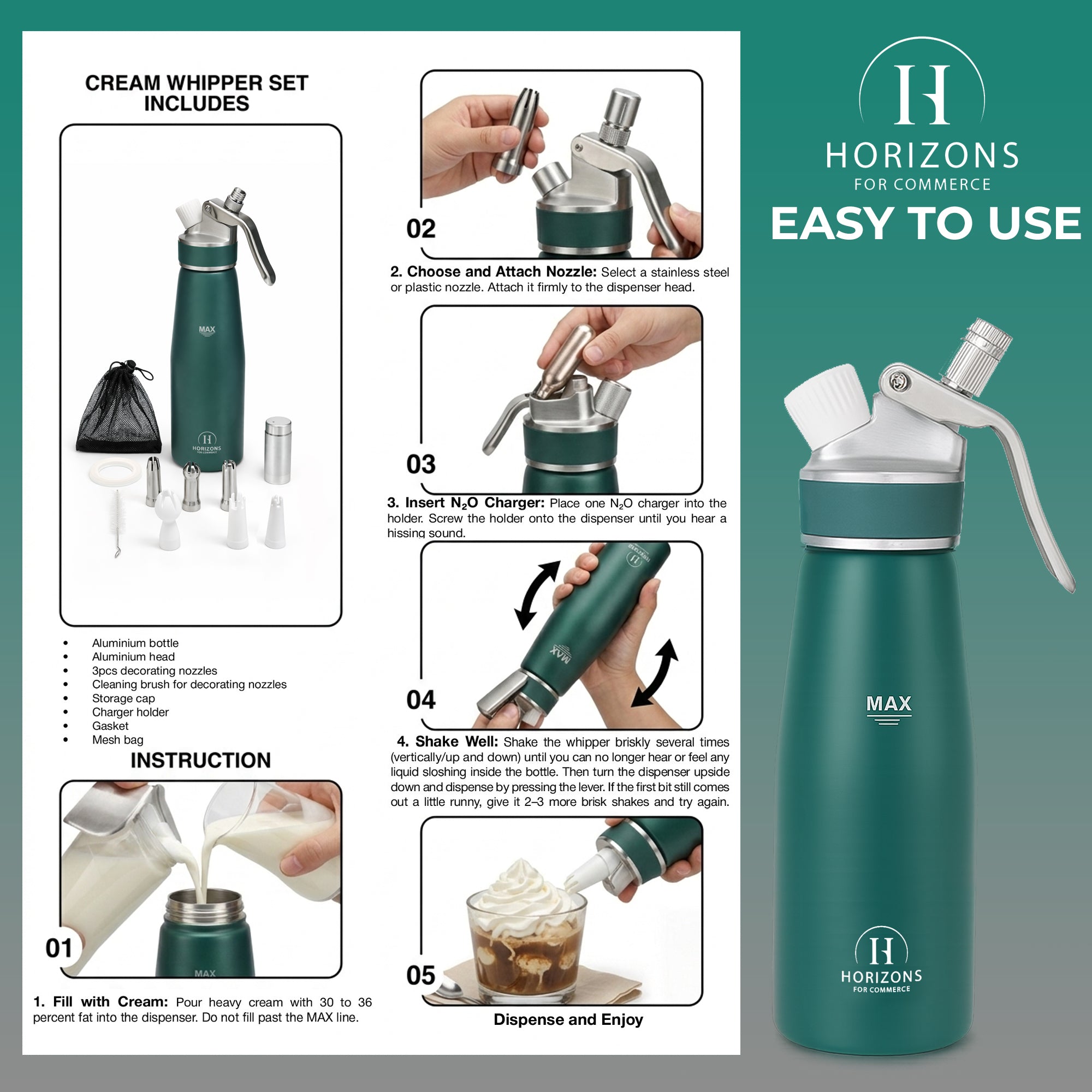 500ml Aluminum Whipped Cream Dispenser Set with 6 Nozzles, Cleaning Brush and Storage Bag