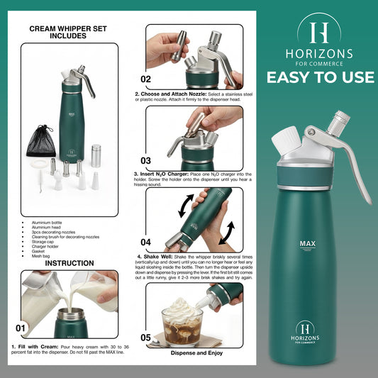 500ml Aluminum Whipped Cream Dispenser Set with 6 Nozzles, Cleaning Brush and Storage Bag