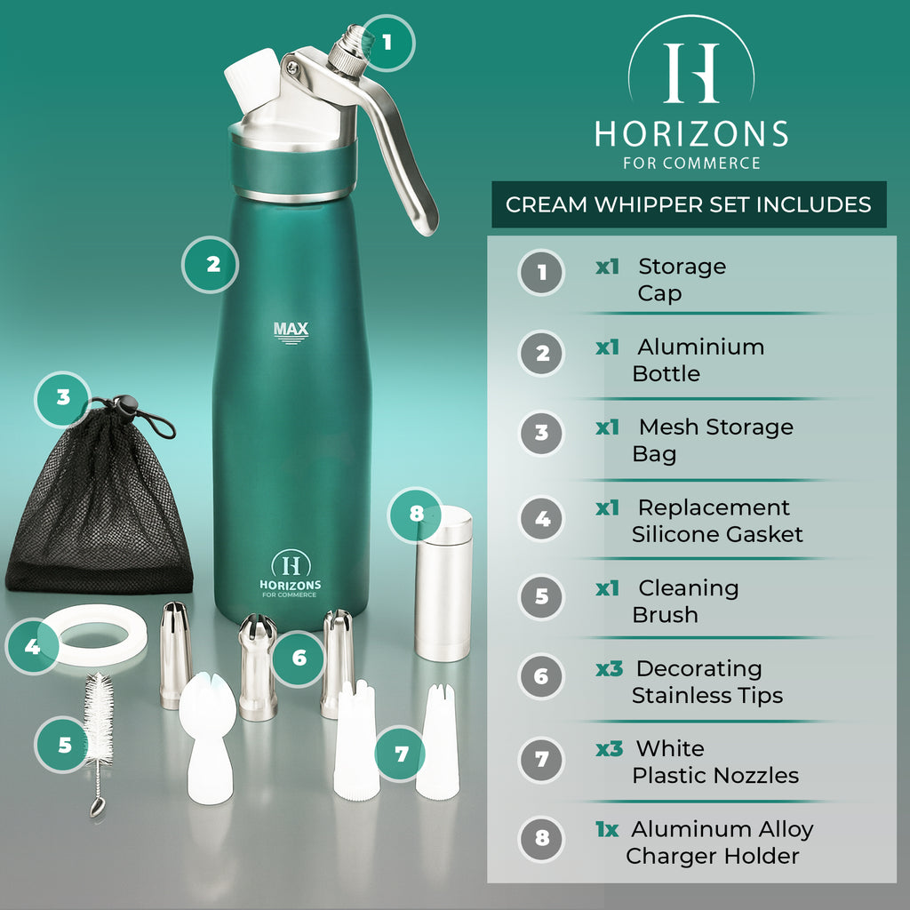 500ml Aluminum Whipped Cream Dispenser Set with 6 Nozzles, Cleaning Brush and Storage Bag