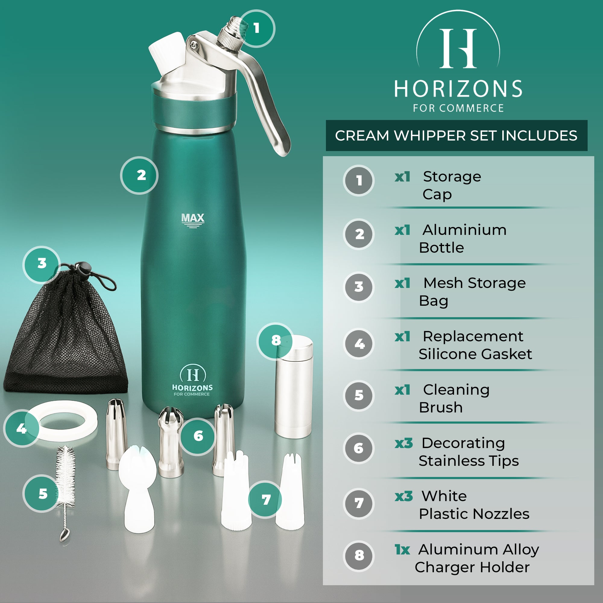 500ml Aluminum Whipped Cream Dispenser Set with 6 Nozzles, Cleaning Brush and Storage Bag