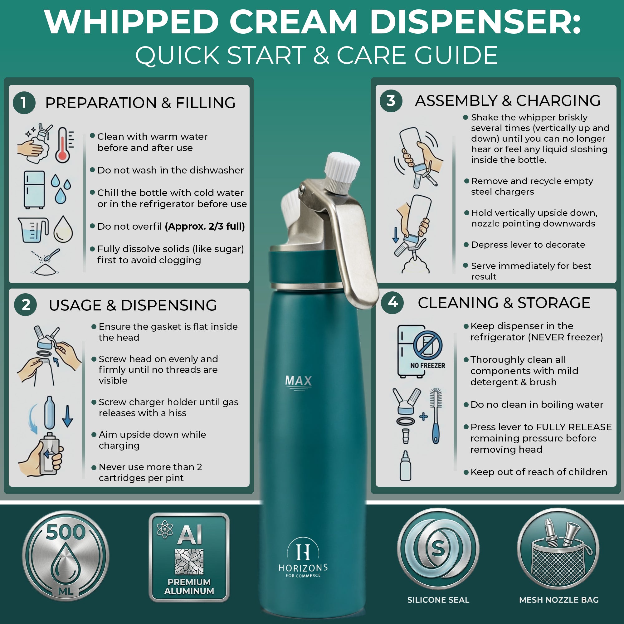 500ml Aluminum Whipped Cream Dispenser Set with 6 Nozzles, Cleaning Brush and Storage Bag
